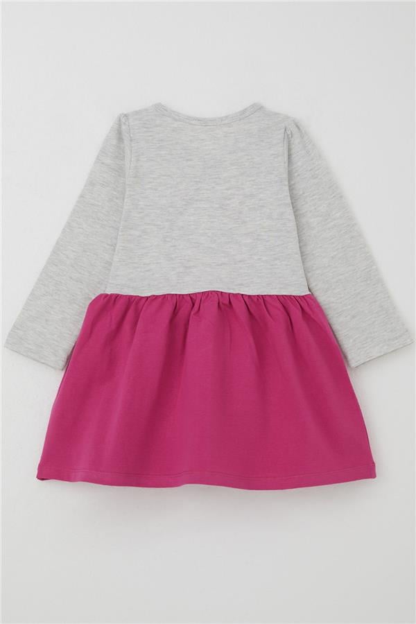 Baby Girl Long-Sleeved Dress with Sequined Embroidered Kitten, Light Grey Melange (1-1.5 Years)