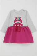 Baby Girl Long-Sleeved Dress with Sequined Embroidered Kitten, Light Grey Melange (1-1.5 Years)