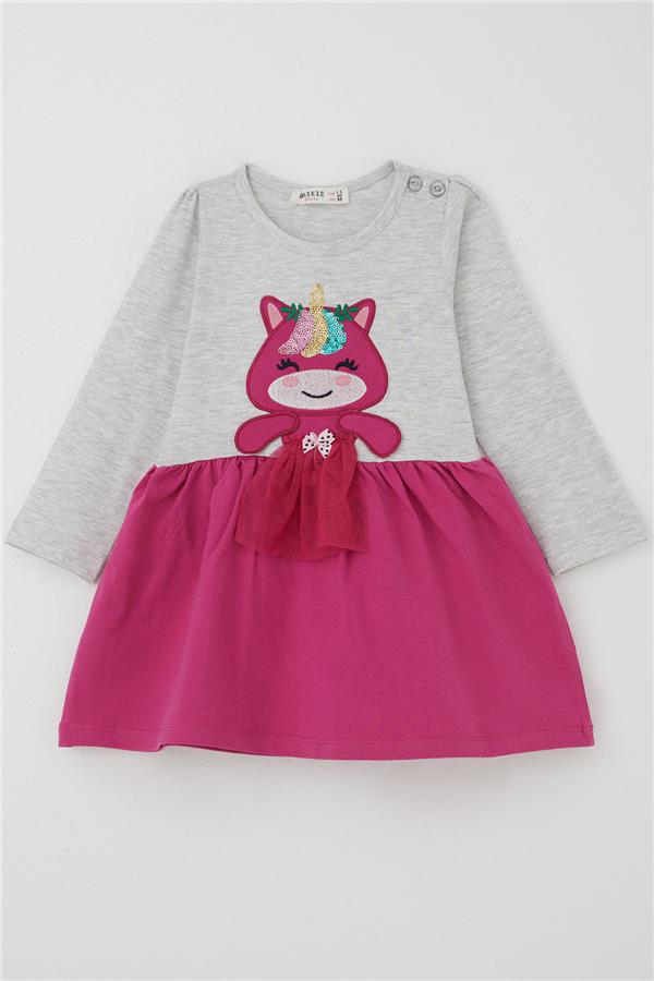 Baby Girl Long-Sleeved Dress with Sequined Embroidered Kitten, Light Grey Melange (1-1.5 Years)