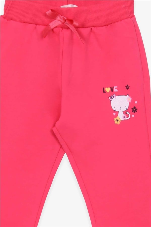 Baby Girl Sweatpants with Cat Print, Coral Color (6 Months-1.5 Years)