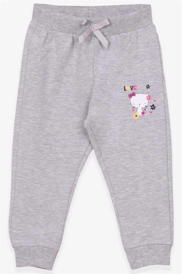 Baby Girl Sweatpants with Cat Print, Light Grey Melange (6 Months-1 Years)