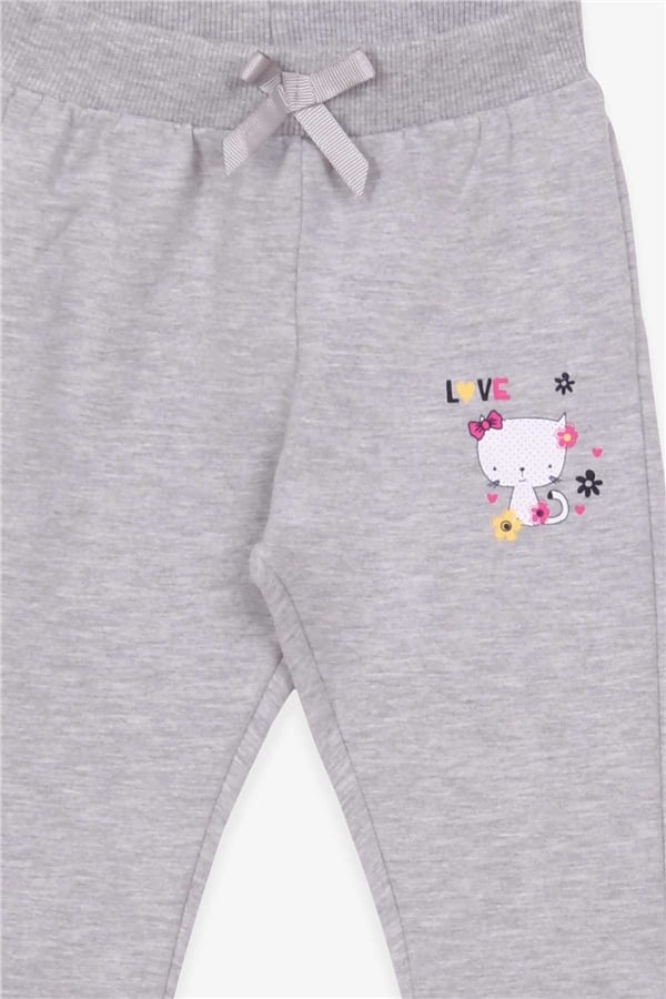 Baby Girl Sweatpants with Cat Print, Light Grey Melange (6 Months-1 Years)