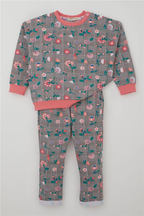 Baby Girl Tracksuit Set Plaid Pattern Flower Garden Mink (9 Months-3 Years)