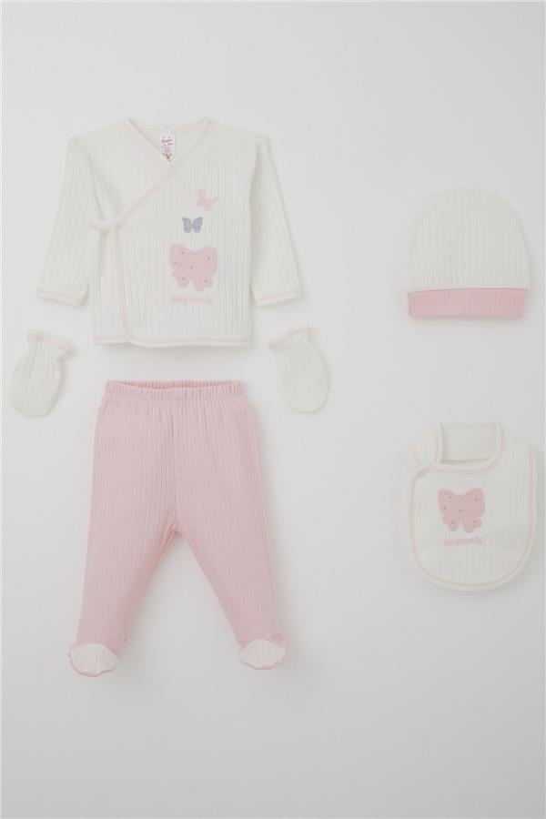 Baby Girl Hospital Discharge Set: 5-Piece Bow & Butterfly Embroidered Set, Ecru (0-3 Months)