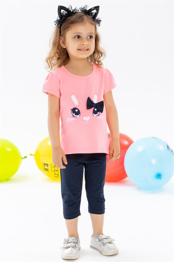 Baby Girl Capri Leggings Set with Bunny Embroidery, Neon Pink (1-1.5 Years)