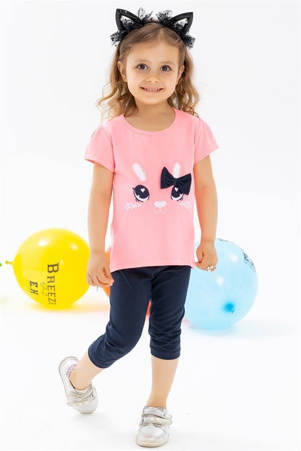 Baby Girl Capri Leggings Set with Bunny Embroidery, Neon Pink (1-1.5 Years)