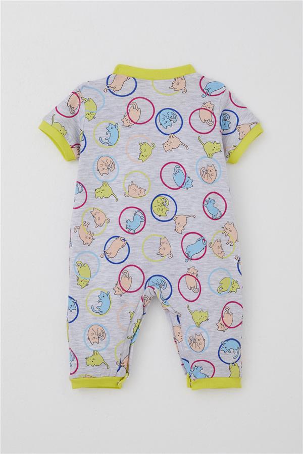 Baby Girl Short-Sleeved Romper with Cute Kitten Pattern, Light Grey Melange (0-6 Months)