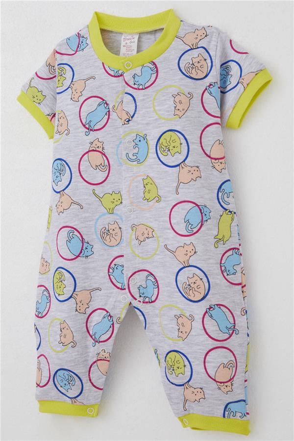Baby Girl Short-Sleeved Romper with Cute Kitten Pattern, Light Grey Melange (0-6 Months)