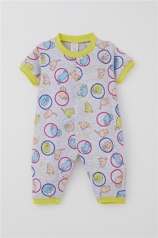 Baby Girl Short-Sleeved Romper with Cute Kitten Pattern, Light Grey Melange (0-6 Months)