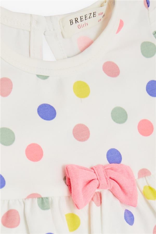 Baby Girl Short Romper with Polka Dot and Bow, Ecru (4 Months-1.5 Years)