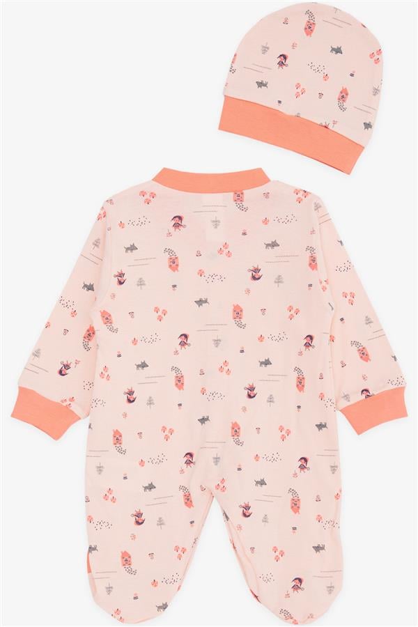 Baby Girl Footed Romper, Forest Theme, Girl's Pattern, Salmon (0-6 Months)