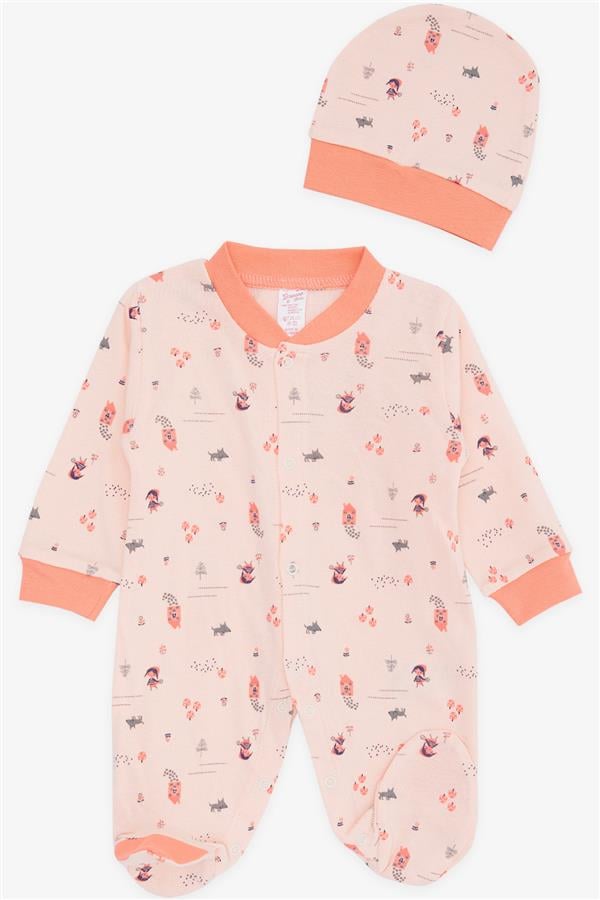 Baby Girl Footed Romper, Forest Theme, Girl's Pattern, Salmon (0-6 Months)