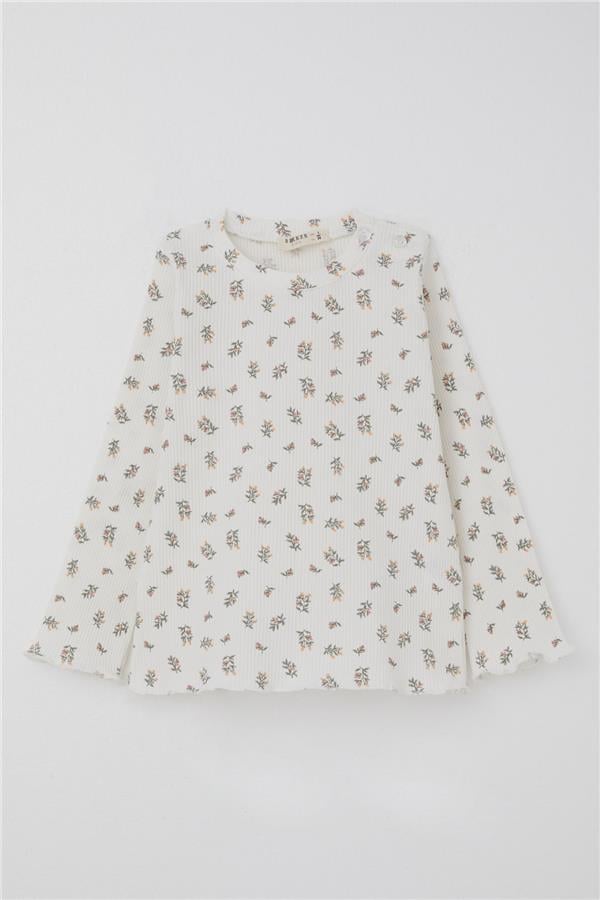 Baby Girl Pajama Set with Floral Pattern and Buttoned Shoulders, Ecru (9 Months-3 Years)