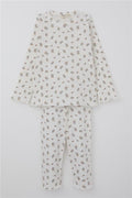 Baby Girl Pajama Set with Floral Pattern and Buttoned Shoulders, Ecru (9 Months-3 Years)