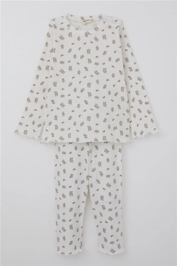 Baby Girl Pajama Set with Floral Pattern and Buttoned Shoulders, Ecru (9 Months-3 Years)