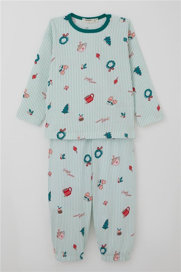 Baby Girl Pajama Set, Cheerful Season Christmas Theme, Aqua Green (9 Months-3 Years)