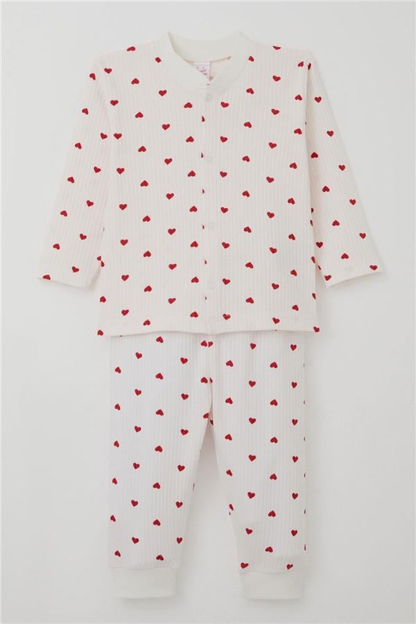 Baby Girl Pajama Set with Heart Pattern, Front Snap Closure, Ecru (4 Months-1 Years)