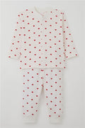 Baby Girl Pajama Set with Heart Pattern, Front Snap Closure, Ecru (4 Months-1 Years)