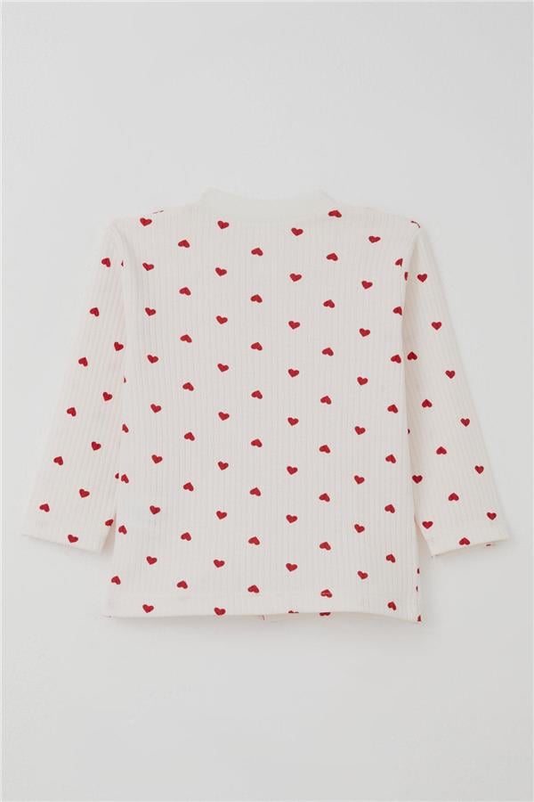 Baby Girl Pajama Set with Heart Pattern, Front Snap Closure, Ecru (4 Months-1 Years)