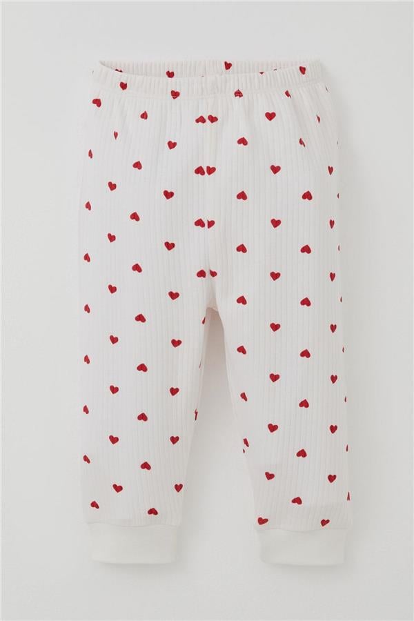 Baby Girl Pajama Set with Heart Pattern, Front Snap Closure, Ecru (4 Months-1 Years)