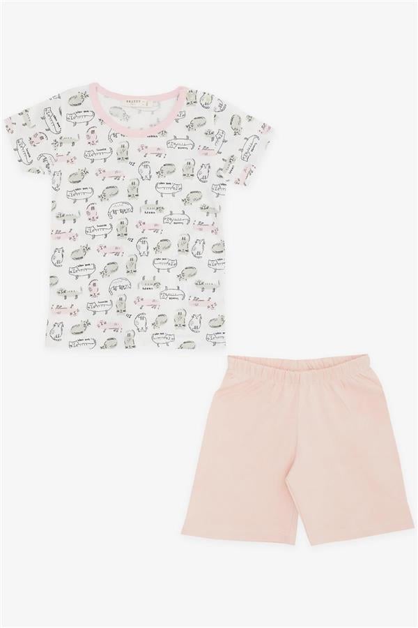 Baby Girl Shorts Pajama Set with Kitten Pattern, White (9 Months-2 Years)