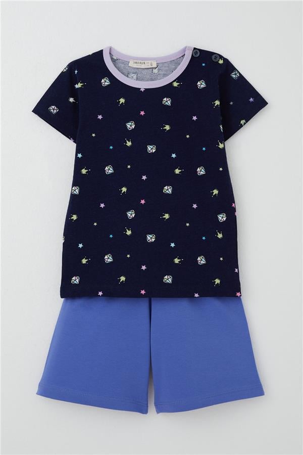 Baby Girl Shorts Pajama Set with Crown Design, Navy Blue (9 Months-3 Years)