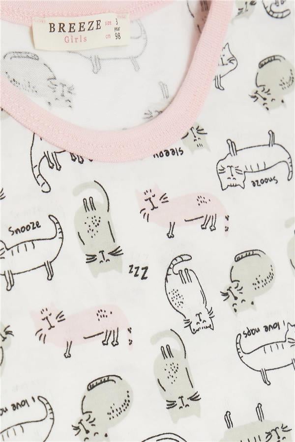 Baby Girl Shorts Pajama Set with Kitten Pattern, White (9 Months-2 Years)