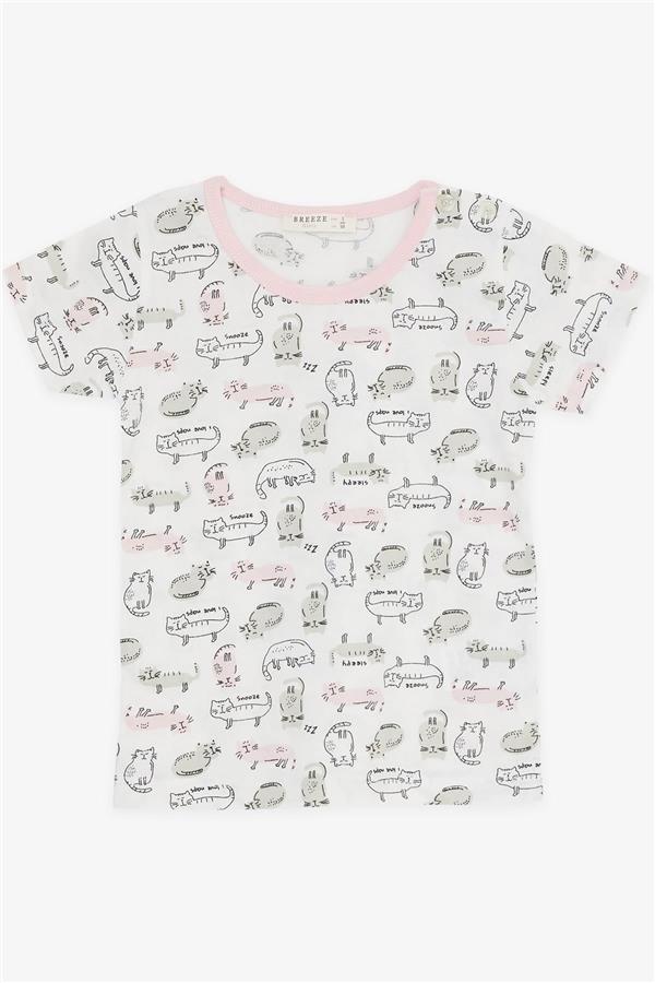 Baby Girl Shorts Pajama Set with Kitten Pattern, White (9 Months-2 Years)