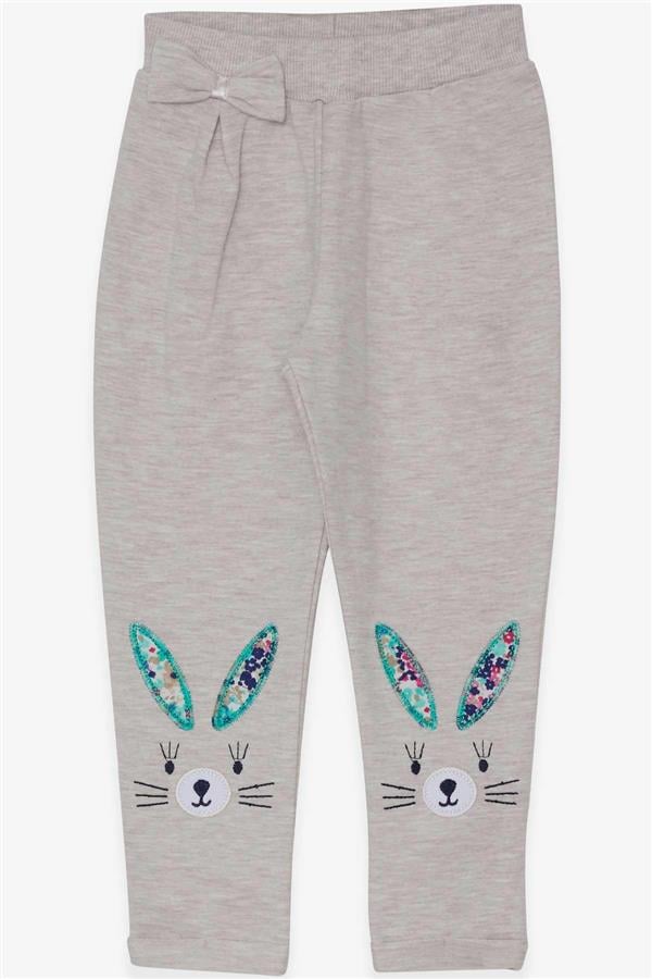 Baby Girl Leggings Pants with Rabbit Embroidery, Beige Melange (9 Months - 1.5 Years)