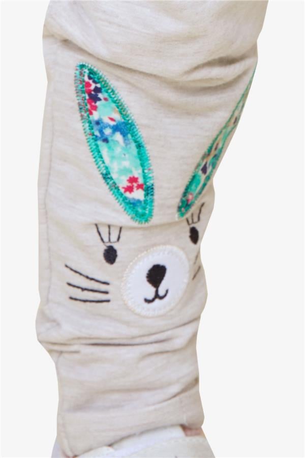 Baby Girl Leggings Pants with Rabbit Embroidery, Beige Melange (9 Months - 1.5 Years)