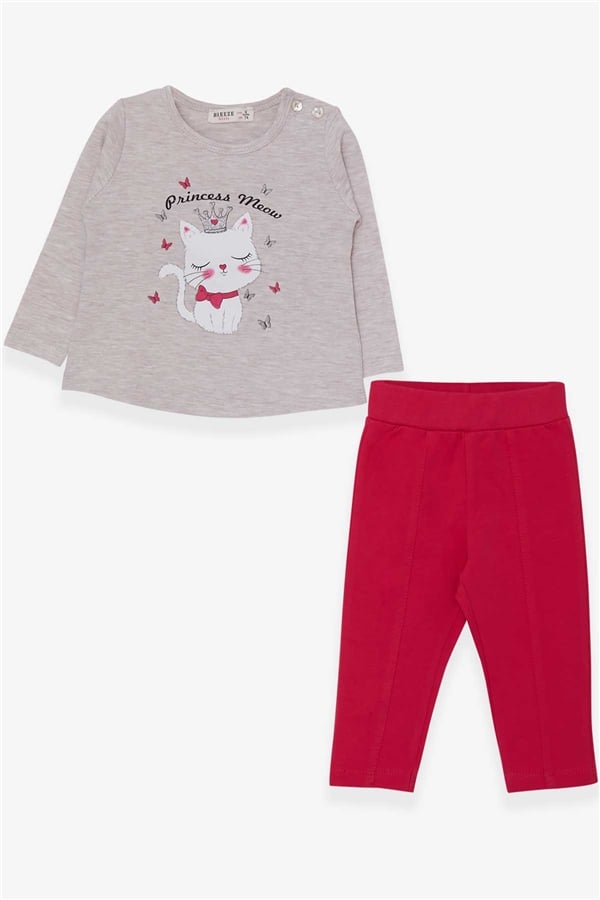 Baby Girl Leggings Set with Kitten Print, Beige Melange (9 Months-3 Years)