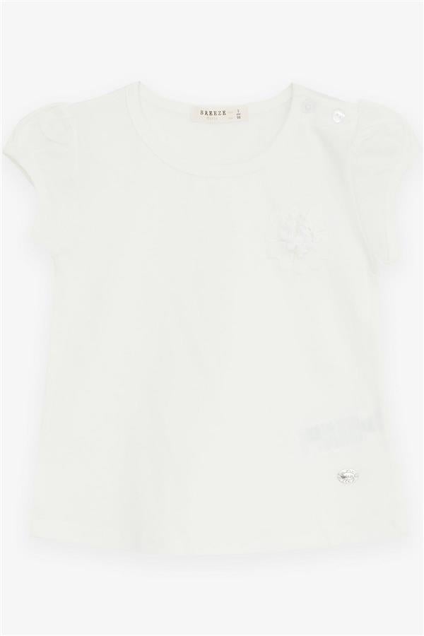 Baby Girl T-Shirt with Flower Embroidery, Off-White (9 Months-3 Years)