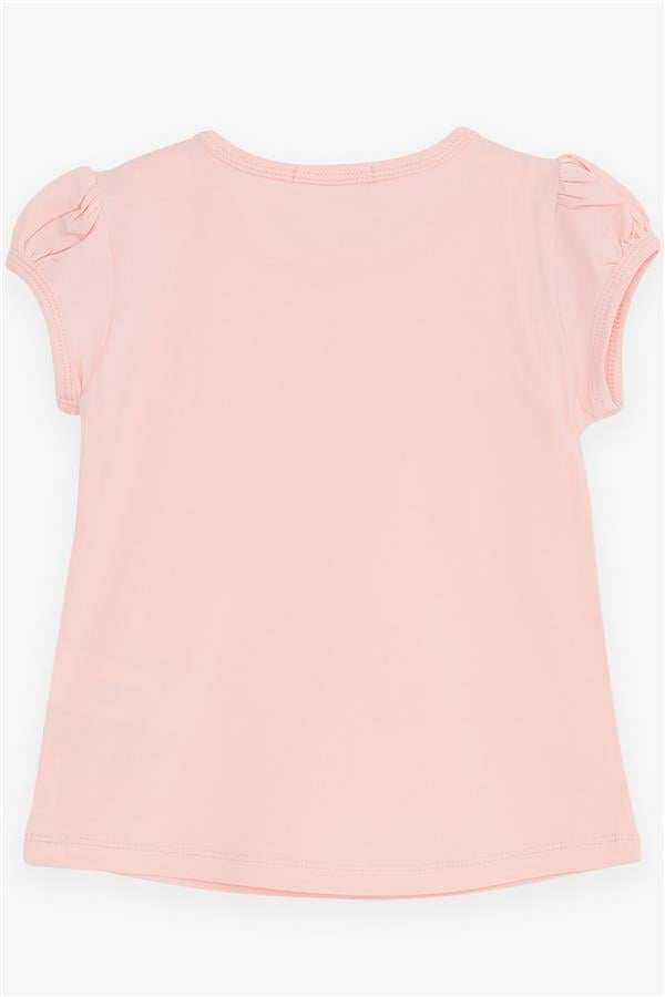 Baby Girl T-Shirt with Floral Embroidery, Salmon Color (9 Months-3 Years)