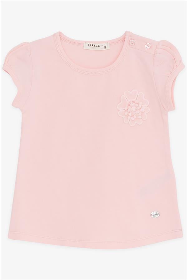 Baby Girl T-Shirt with Flower Embroidery, Pink (9 Months-3 Years)
