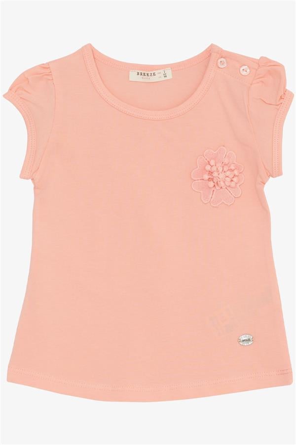 Baby Girl T-Shirt with Floral Embroidery, Salmon Color (9 Months-3 Years)