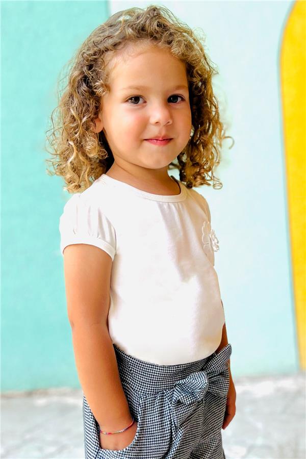 Baby Girl T-Shirt with Flower Embroidery, Off-White (9 Months-3 Years)