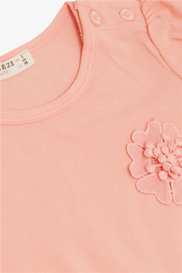 Baby Girl T-Shirt with Floral Embroidery, Salmon Color (9 Months-3 Years)