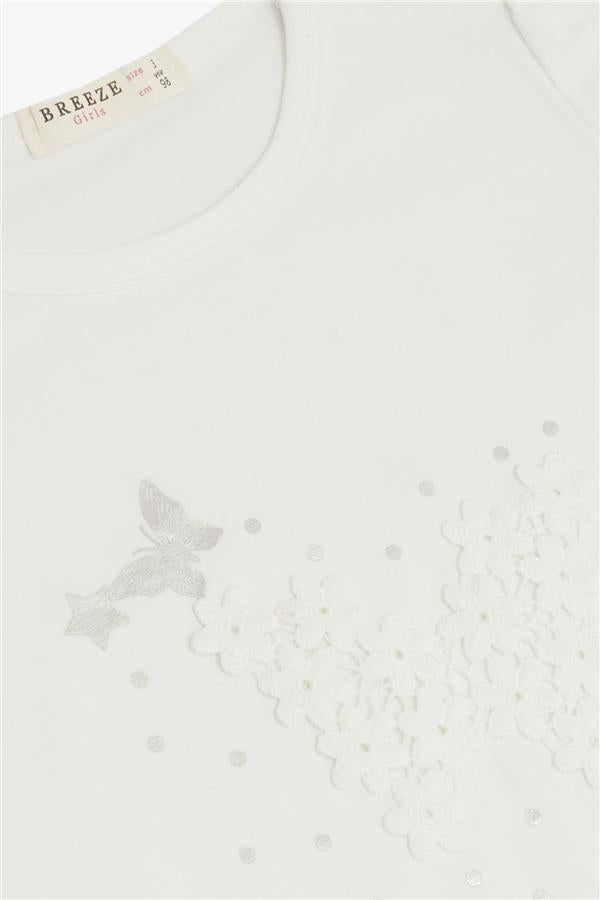 Baby Girl T-Shirt with Butterfly Print and Embroidery, White (9 Months-3 Years)