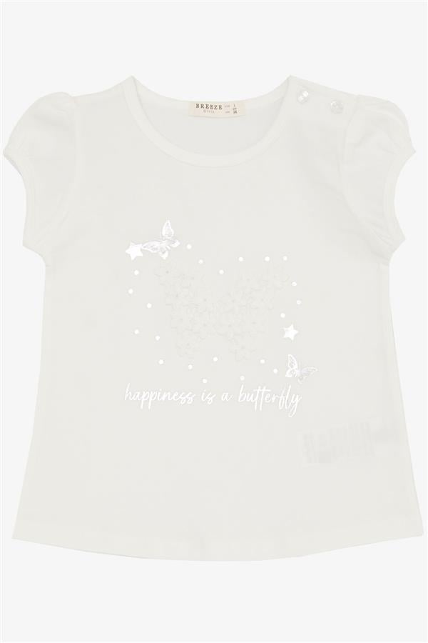 Baby Girl T-Shirt with Butterfly Print and Embroidery, White (9 Months-3 Years)