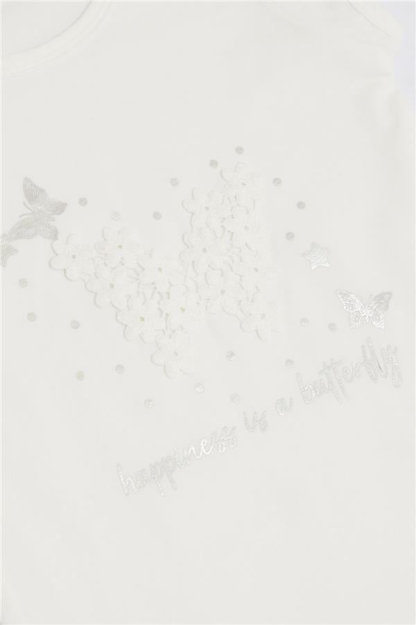 Baby Girl T-Shirt with Butterfly Print and Embroidery, White (9 Months-3 Years)