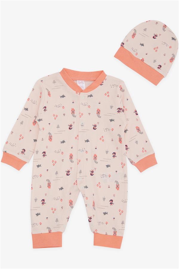 Baby Girl Romper, Forest Theme, Girl's Pattern, Salmon (0-6 Months)