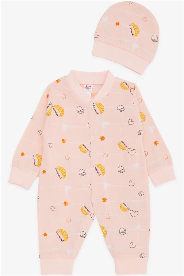 Baby Girl Romper with Food Theme and Star Pattern, Powder Pink (0-6 Months)