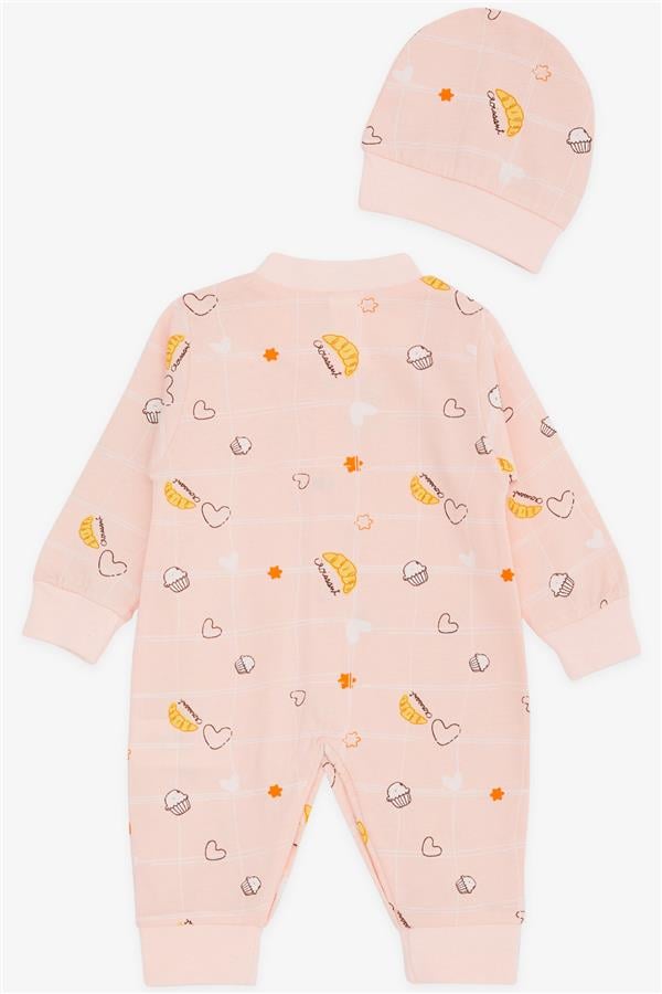 Baby Girl Romper with Food Theme and Star Pattern, Powder Pink (0-6 Months)