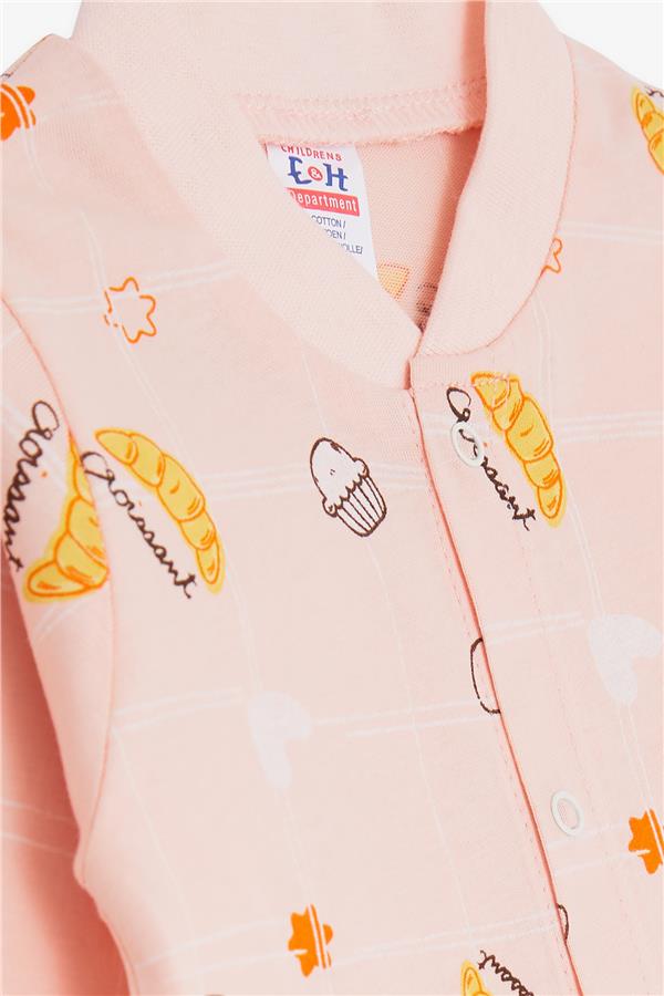 Baby Girl Romper with Food Theme and Star Pattern, Powder Pink (0-6 Months)