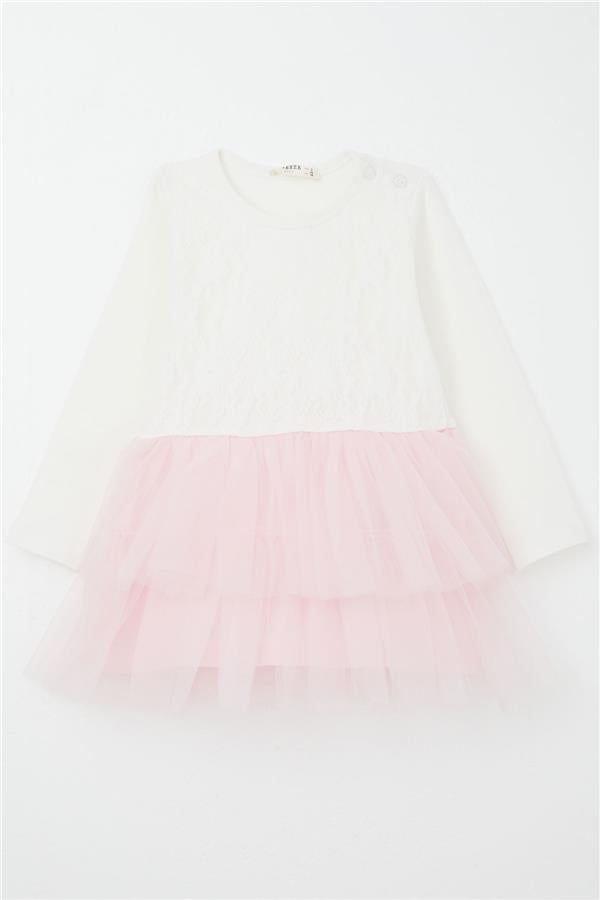 Baby Girl Long-Sleeve Dress with Tulle Flowers, Ecru (9 Months-3 Years)