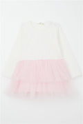 Baby Girl Long-Sleeve Dress with Tulle Flowers, Ecru (9 Months-3 Years)