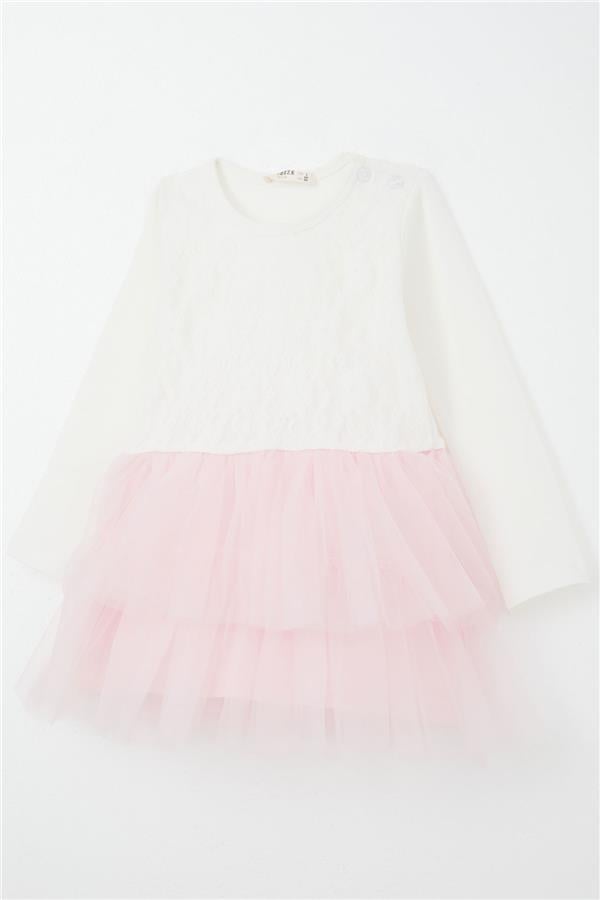 Baby Girl Long-Sleeve Dress with Tulle Flowers, Ecru (9 Months-3 Years)