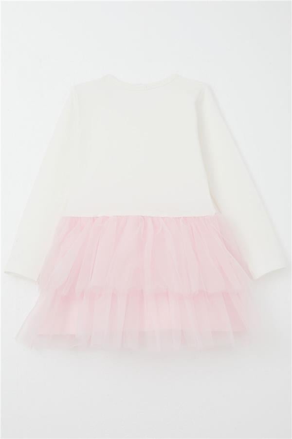 Baby Girl Long-Sleeve Dress with Tulle Flowers, Ecru (9 Months-3 Years)