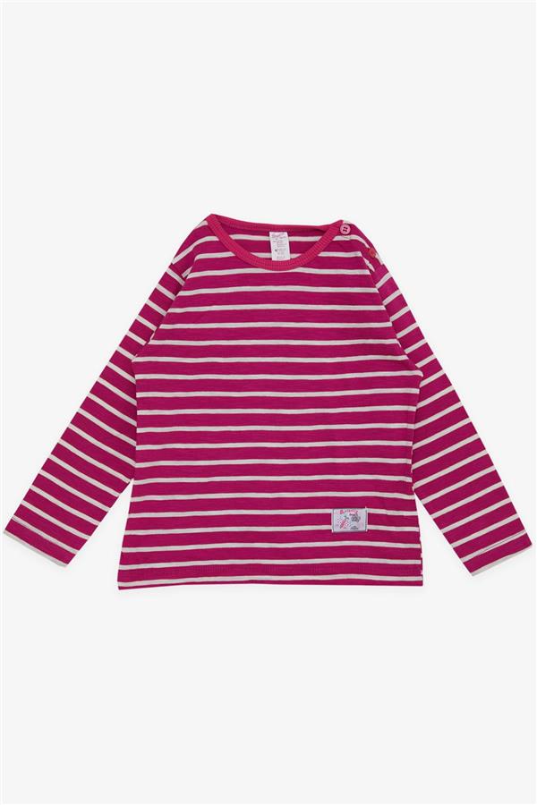 Baby Girl Long-Sleeve T-Shirt, Striped, Buttoned, Butterfly Print, Fuchsia (9 Months-1.5 Years)
