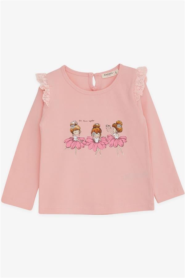 Baby Girl Long-Sleeve T-Shirt with Dancer Girl Print, Lace Trim, Powder Pink (9 Months-2 Years)
